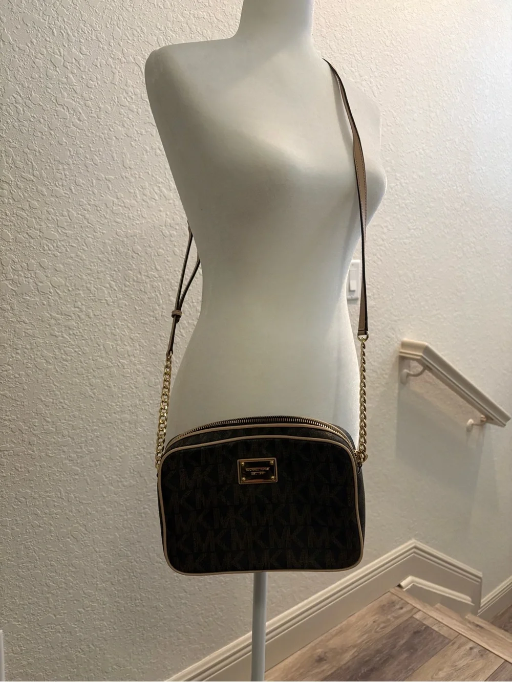 Michael Kors Brown/Beige MK Logo Crossbody with Gold Hardware